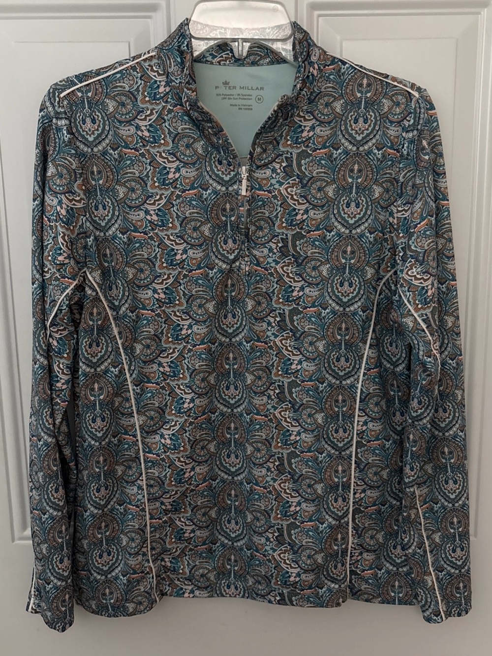 Peter Millar Teal and Brown Paisley Quarter-Zip Performance Polo